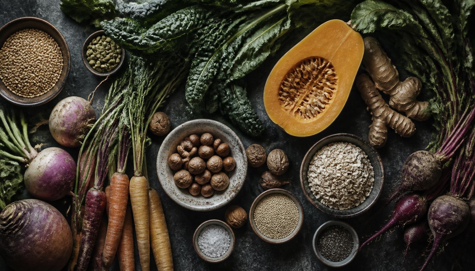 Whole seasonal foods — roots, greens, seeds, grains — on dark stone