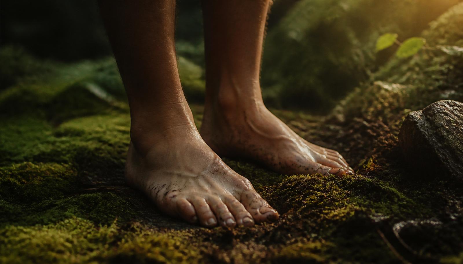 Bare feet grounded on moss and forest soil at dawn