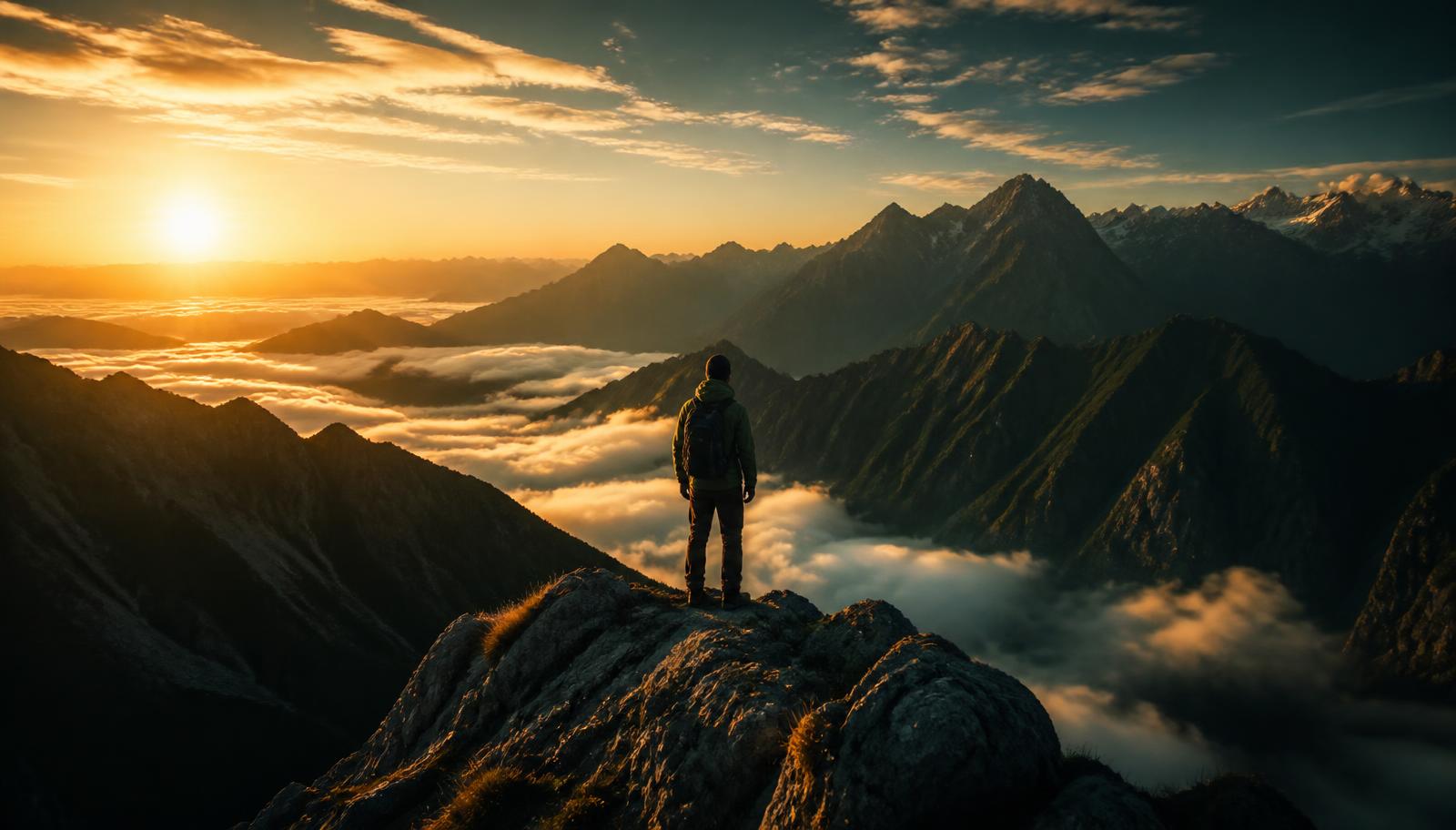 A figure standing on a mountain ridge at sunrise