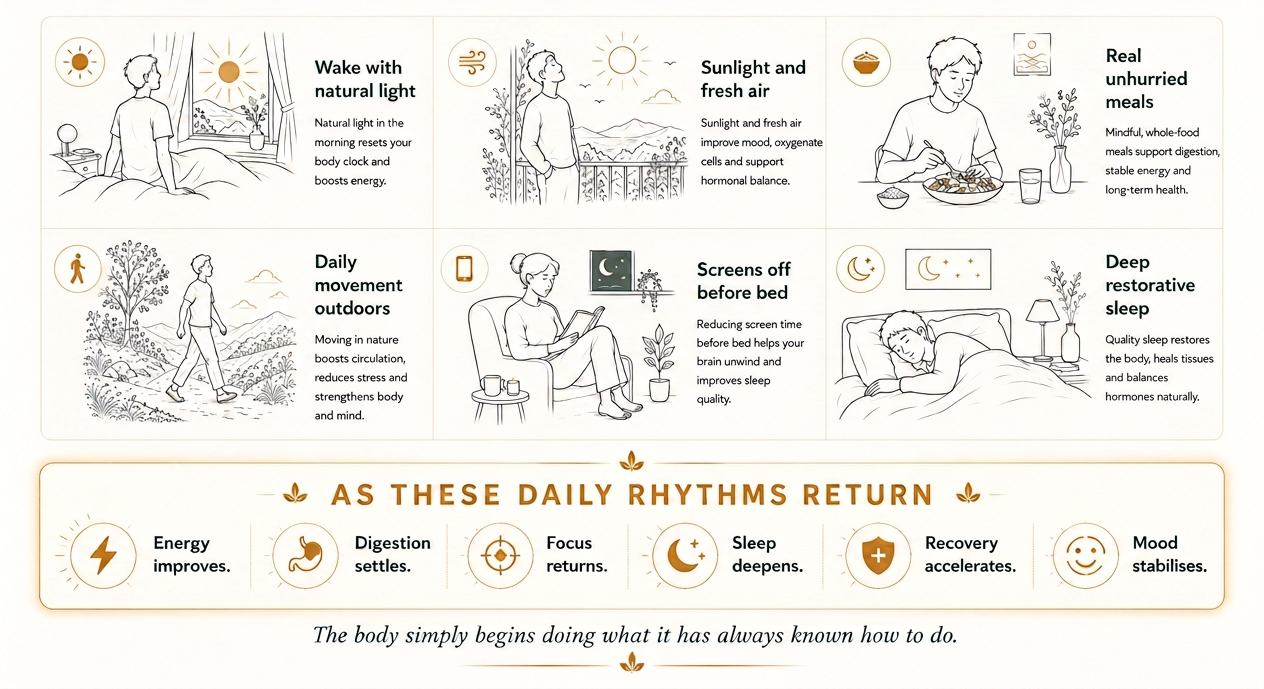 Illustration: life in rhythm — waking with natural light, sunlight and fresh air, real unhurried meals, daily movement outdoors, screens off before bed and deep restorative sleep